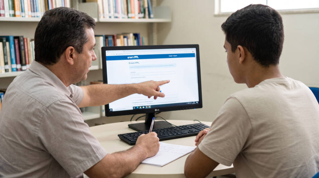 A fotografia mostra, em um ambiente simples de biblioteca com estantes de livros ao fundo, um educador ou responsável pedagógico e um estudante jovem, visto de perfil, sentados diante de um computador. O profissional aponta para a tela onde está o sistema de inscrição do Enem PPL, enquanto orienta o jovem atenciosamente, tendo um papel de anotações e caneta sobre a mesa para guiar o processo de forma acolhedora. A cena, capturada sob iluminação natural e com foco suave, transmite um momento de cooperação e esperança através do apoio à educação e à reintegração social.