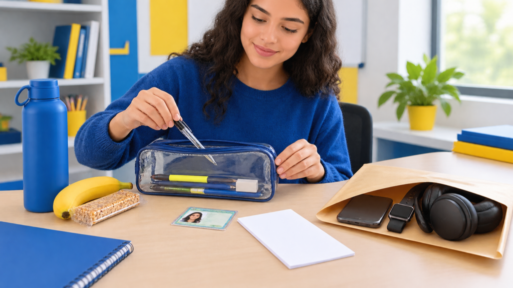 Estudante organiza os itens permitidos e proibidos para levar ao Enem 2026, incluindo documento, caneta transparente, água, lanche, celular, relógio e fones.