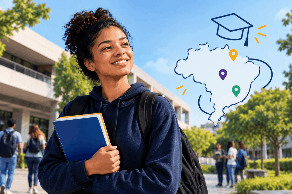 A imagem representa as universidades federais e as novas possibilidades de acesso ao ensino superior no Brasil. Uma estudante em um campus universitário simboliza os sonhos e as escolhas de quem busca uma graduação. A composição destaca a UFCI/MG, a UFCI/RJ e a UFFN, reforçando a importância de acompanhar as novidades sobre cursos e ingresso.