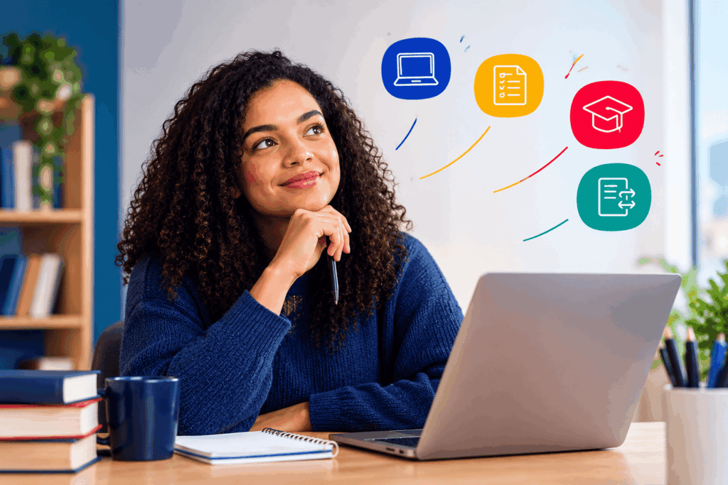 A imagem representa uma estudante que pesquisa caminhos para iniciar sua formação acadêmica. O conteúdo ilustra como ingressar na Gran Faculdade, destacando opções como vestibular online, nota do ENEM, bolsas de estudo e transferência. A composição utiliza elementos de estudo e cores modernas para transmitir confiança, autonomia e novas oportunidades educacionais.