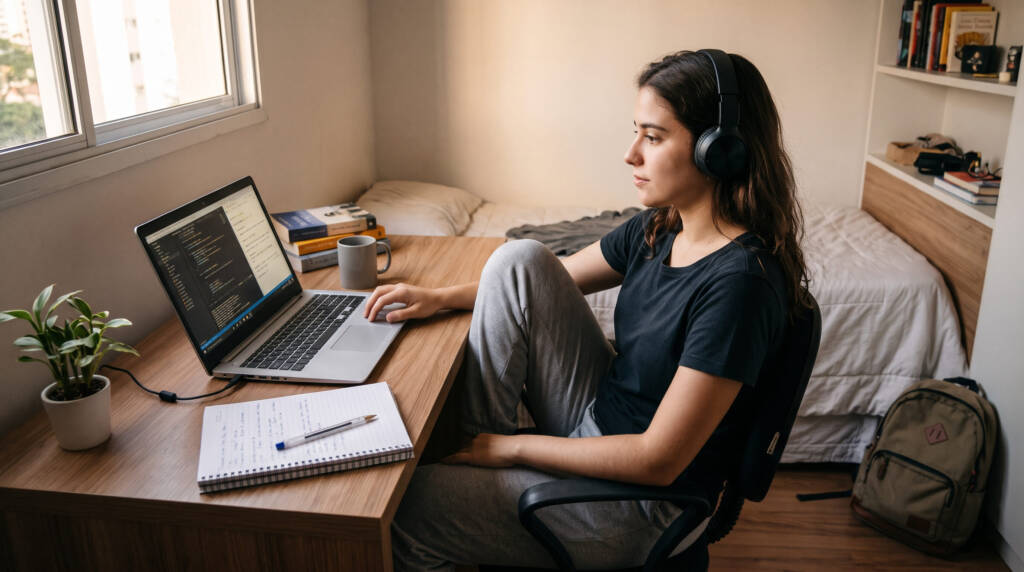 A foto retrata de forma simples e natural uma jovem em seu quarto focada nos estudos, representando a busca pelos melhores cursos para fazer em 2027. Sentada diante de uma escrivaninha de madeira com um notebook, fones de ouvido e caderno de anotações, ela simboliza a preparação individual e o esforço diário para o mercado que se aproxima. A iluminação suave que entra pela janela e o cenário descontraído com cama, mochila e livros ao fundo reforçam a rotina real e humana de quem se qualifica para o amanhã.