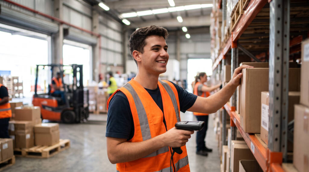A imagem retrata um jovem colaborador sorridente a utilizar um leitor de código de barras num armazém logístico dinâmico durante a época de grande movimento. Em segundo plano, o trabalho constante de empilhadoras e as estantes repletas de caixas refletem a intensa atividade que impulsiona o mercado. Este ambiente operacional ilustra o início do percurso de quem aproveita as vagas temporárias para demonstrar talento, adquirir experiência e alcançar a efetivação.   