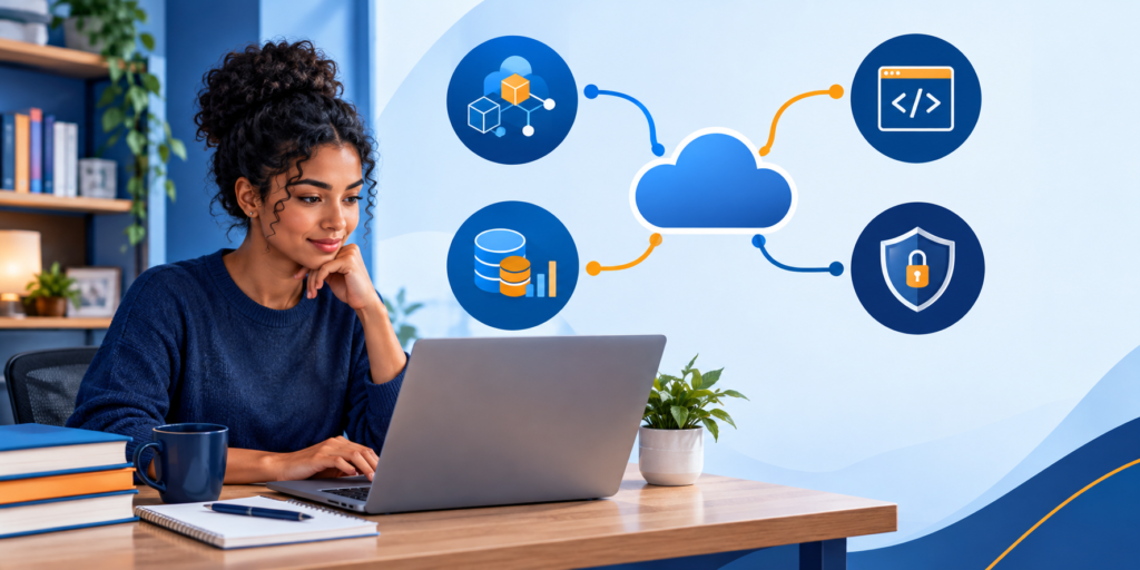 Profissional estuda certificações AWS em um notebook, com trilhas visuais de arquitetura, desenvolvimento, dados e segurança na nuvem.