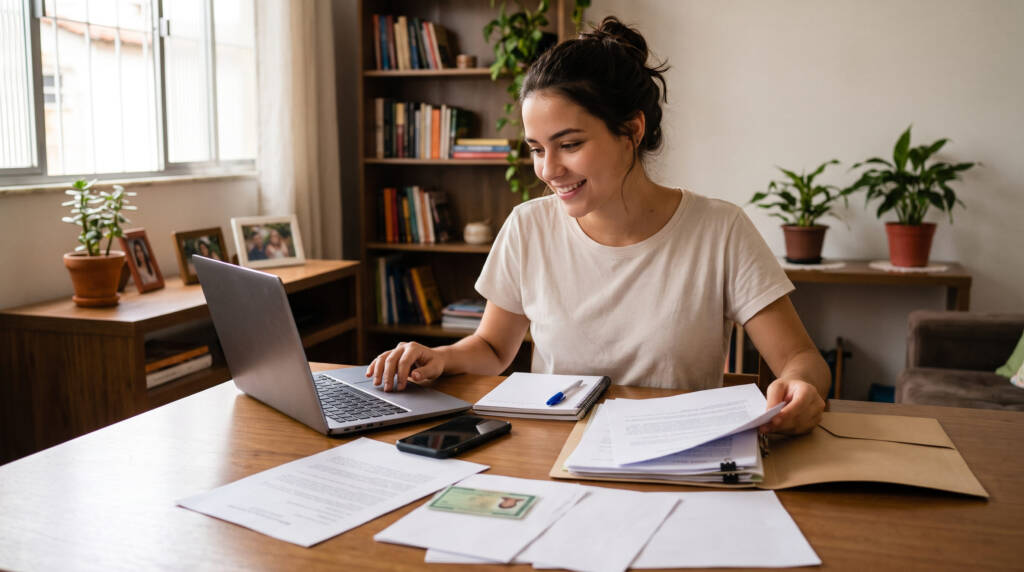 A fotografia com tom espontâneo e humano apresenta uma estudante brasileira organizando atenta e sorridente toda a papelada sobre a mesa de sua sala de estar. Em meio a folhas, pastas e anotações, ela confere os requisitos no notebook para separar cada comprovante com calma. Essa rotina de conferência ilustra a preparação cuidadosa com os documentos Prouni e Fies 2027 necessários para garantir a matrícula no ensino superior.