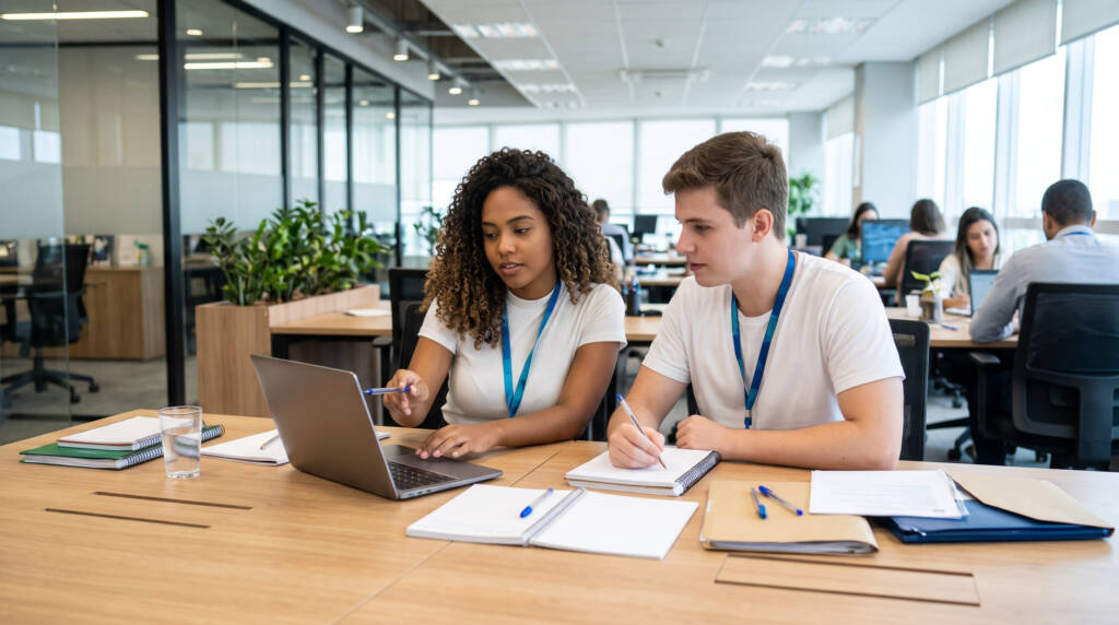 Dois estudantes universitários aparecem reunidos ao redor de uma mesa de trabalho moderna em um escritório iluminado por luz natural, revisando planejamentos e anotações técnicas em um laptop corporativo. A interação descontraída e focada transmite a dedicação, o dinamismo e a troca de experiências práticas proporcionadas pelo Programa de Estágio Rodobens 2027, sem a presença de placas ou textos visíveis no ambiente.