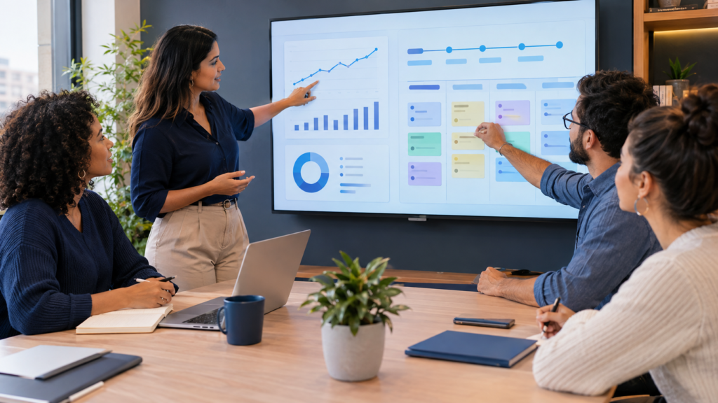 Product Manager e Product Owner analisam prioridades e resultados de um produto digital em uma reunião de equipe