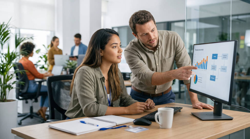 A imagem apresenta uma profissional atenta em sua nova estação de trabalho recebendo orientações de um colega durante uma experiência de job rotation. Ele se inclina de forma colaborativa para apontar dados e fluxos em uma tela de computador, simbolizando a troca natural de conhecimentos no escritório. Ao redor, o ambiente corporativo se mostra integrado e dinâmico, com outras pessoas em suas rotinas, reforçando o clima de cooperação e aprendizado prático.
